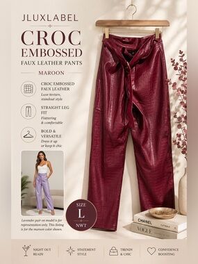 JLUXLABEL Croc Embossed Faux Leather Pants Maroon Size Large NWT